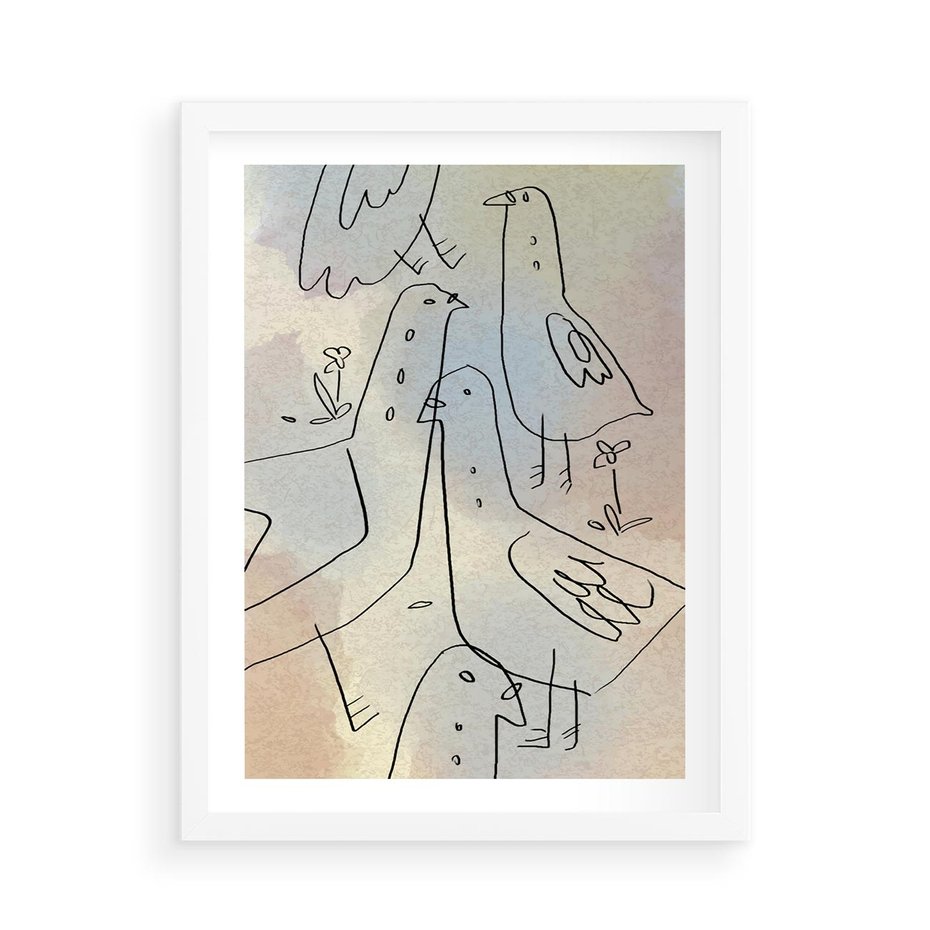 Plakat w ramie 50x70 - Strukturalna Gromada - abstrakcyjny plakat, szkic ptaków - rama biała