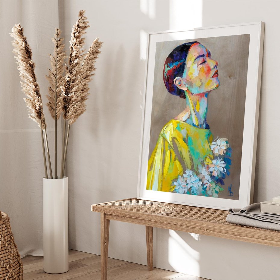 Plakat bez ramy 30x40 - W Żółtej Sukience - olejny abstrakcyjny obraz, portret kobiety w żółtej sukience