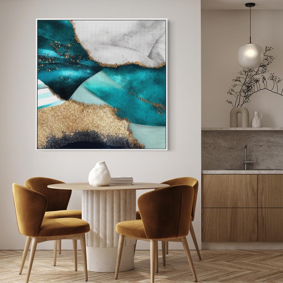 Obraz w ramie 80x80 - Rozlane Turkusy - Turkusowe plamy, złote elementy - rama biała