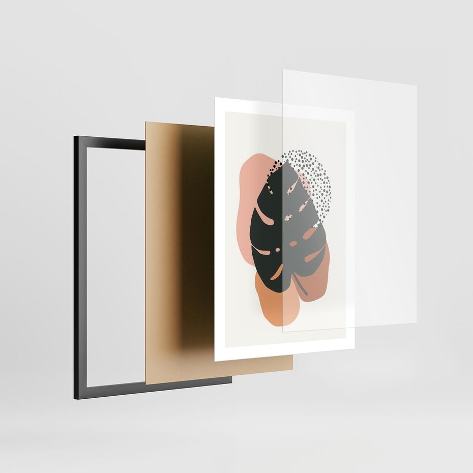 Plakat w ramie 50x70 - Minimalizm w Liściach Monstery: Plamy i Kropki - minimalizm, monstera plamy - rama czarna