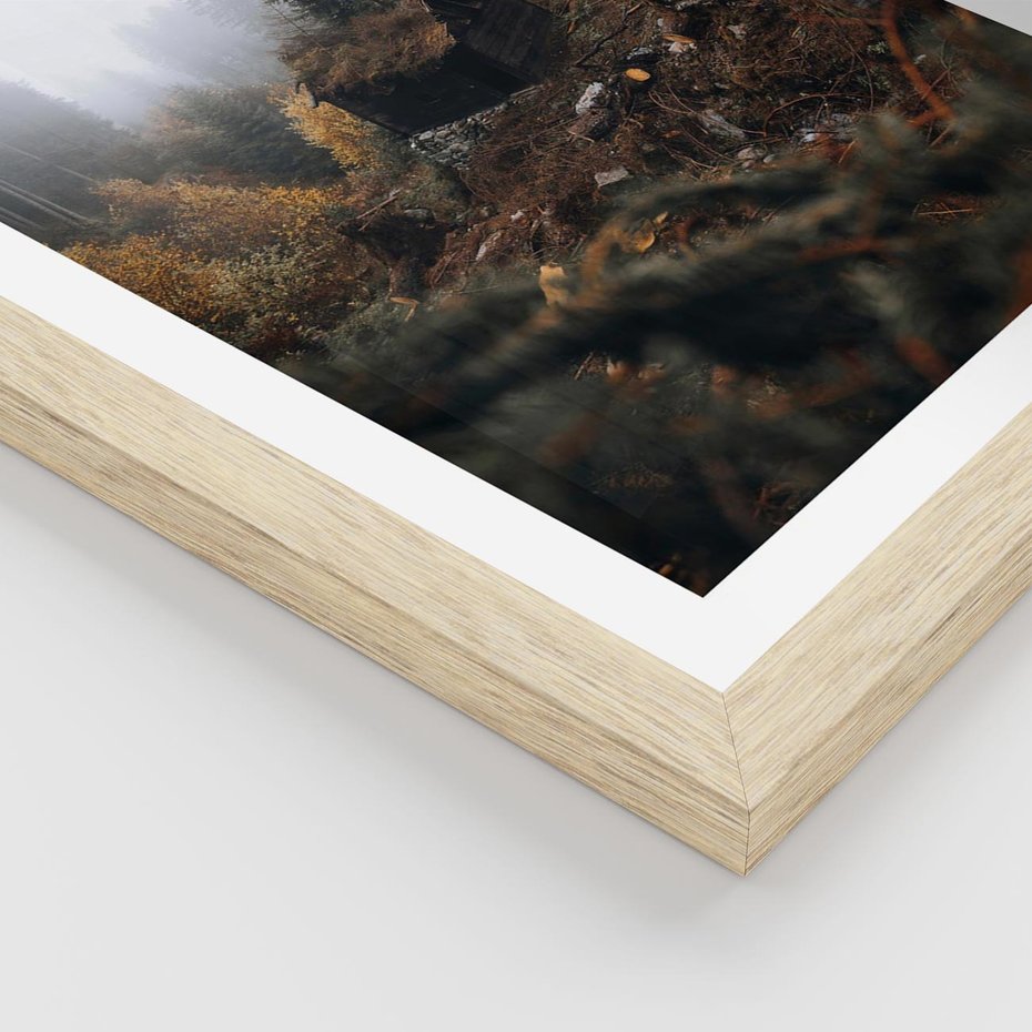 Plakat w ramie 30x40 - Górski las - stary zniszczony domek w górach, góry - rama drewno