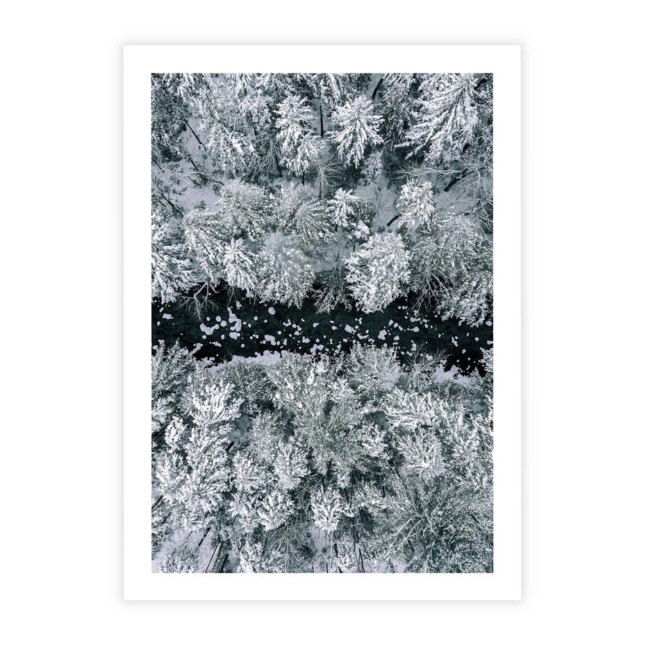 Plakat bez ramy 30x40 - Zimowy Krajobraz z Góry - zdjęcie z góry, zaśnieżony las i zamarznięty strumyk