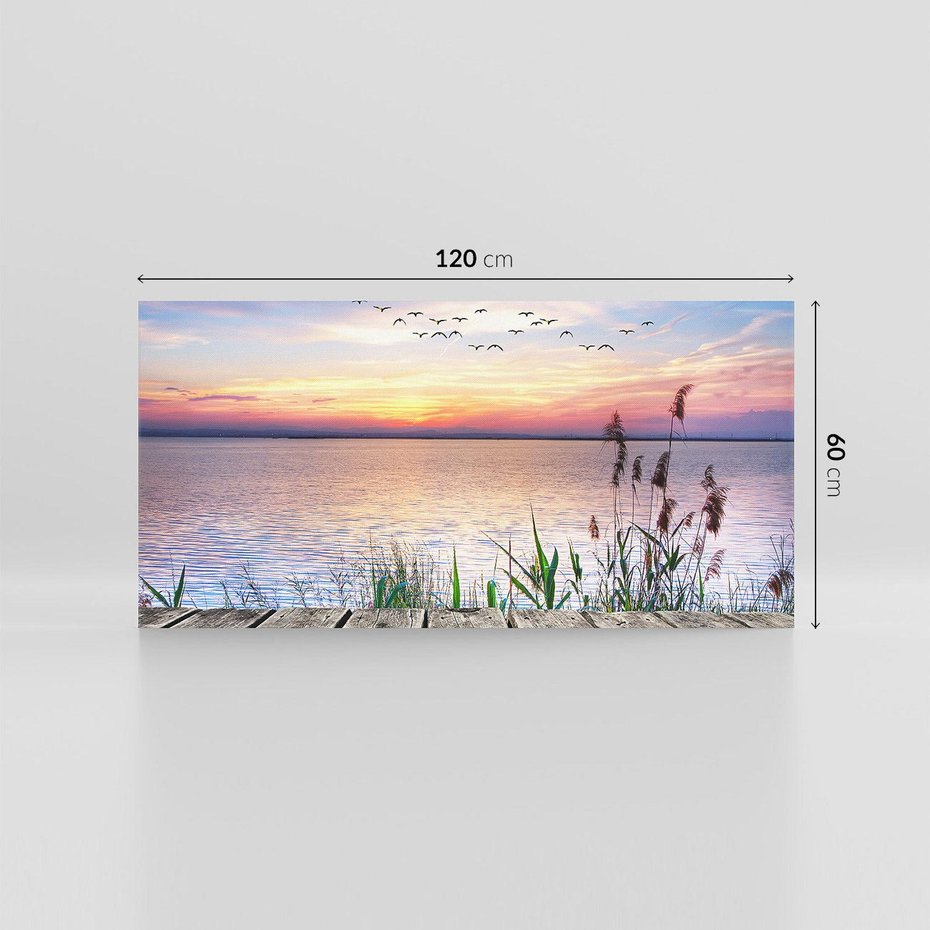 Obraz na płótnie 120x60 - Romantyczny zachód słońca nad morzem z ptakami - zachód, słońca