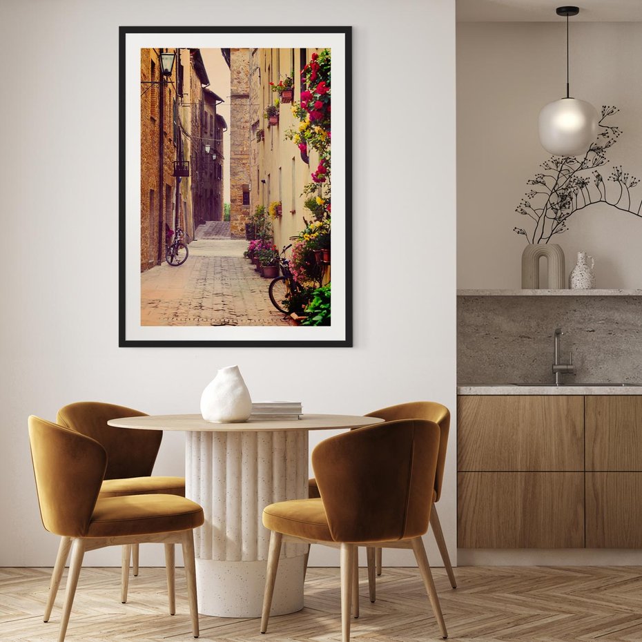 Plakat bez ramy 21x30 - Rowerowa przygoda w uliczkach pełnych perspektywy - uliczka, perspektywa