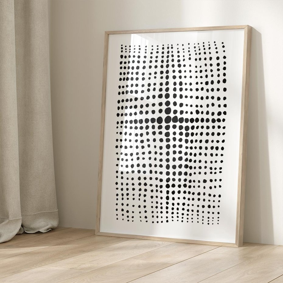 Plakat w ramie 40x50 - Refleksje Monochromatycznych Widoków - abstrakcyjna kompozycja z czarnych kropek, minimalistyczny czarno bialy plakat - rama drewno