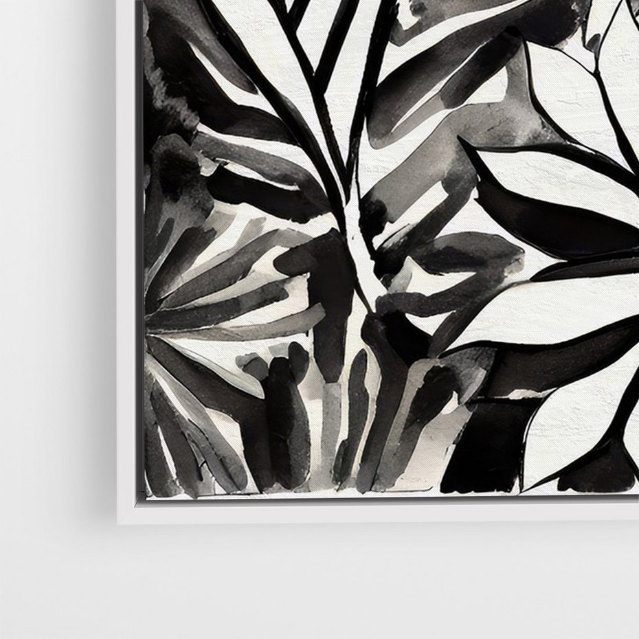 Obraz w ramie 70x100 - Czarne Liście - akwarelowy obraz, czarno biały - rama biała