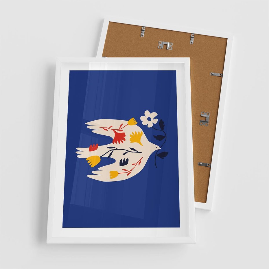 Plakat w ramie 50x70 - Bezczasowy Szept - niebieskie tło, abstrakcyjny biały ptak - rama biała