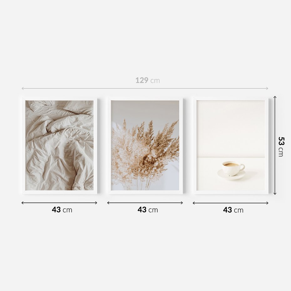 Zestaw obrazy w ramie 40x50 galeria - Kawa, pościel, boho, prostota - rama biała