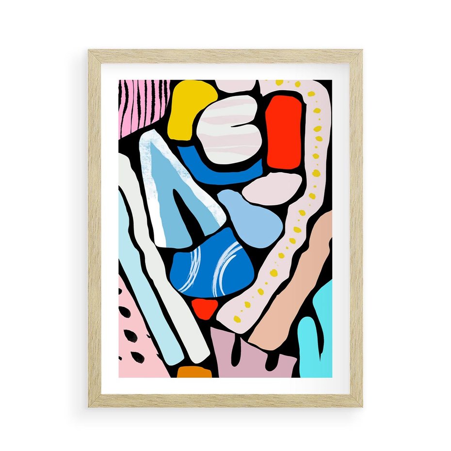 Plakat w ramie 50x70 - Kolory Na Czerni - abstrakcyjne formy, komiksowy styl - rama drewno