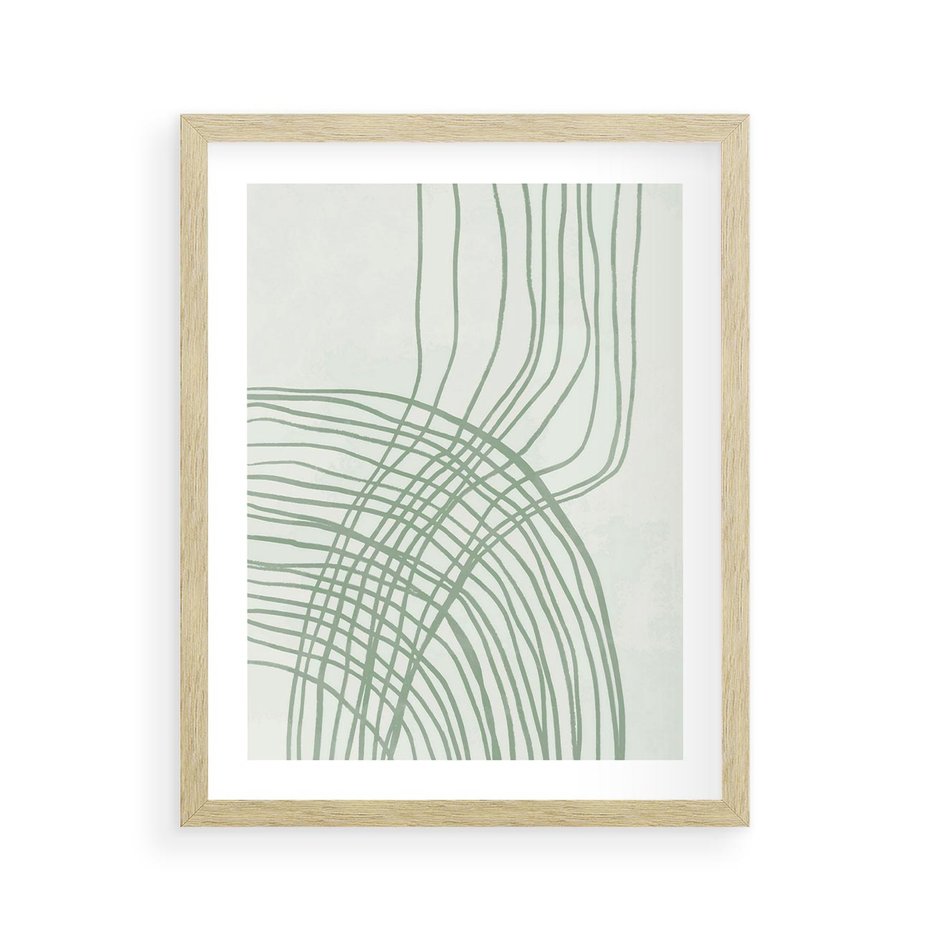 Plakat w ramie 40x50 - Migotliwa Spokojna Zieleń - zielony plakat, abstrakcyjne splątane linie - rama drewno