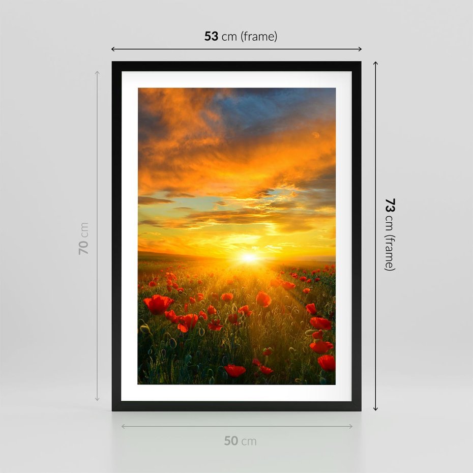 Plakat w ramie 50x70 - Magia zachodu słońca na łące z makami - łąka, zachód słońca - rama czarna
