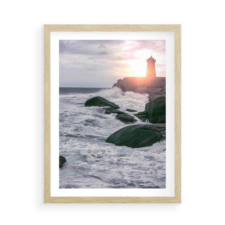 Plakat w ramie 50x70 - Latarnia, Zachód Słońca i Fale - latarnia na klifie, zachód słońca - rama drewno