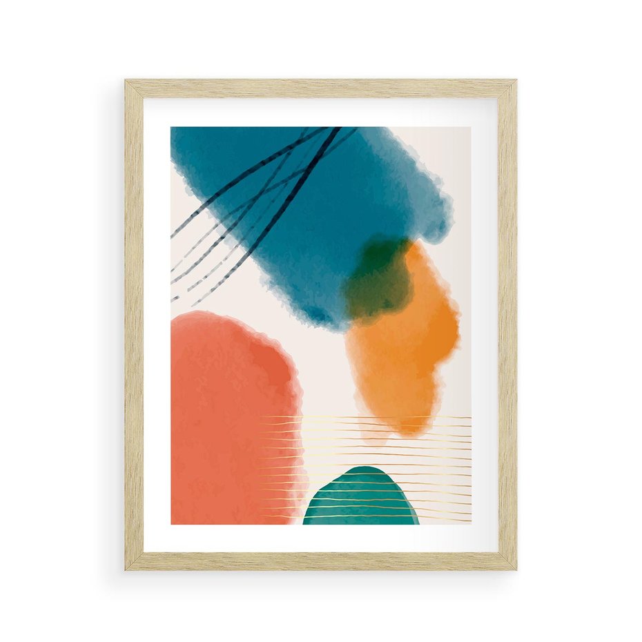 Plakat w ramie 40x50 - Migotliwe Pochwycenia - abstrakcyjne kolorowe plamy, akwarela - rama drewno