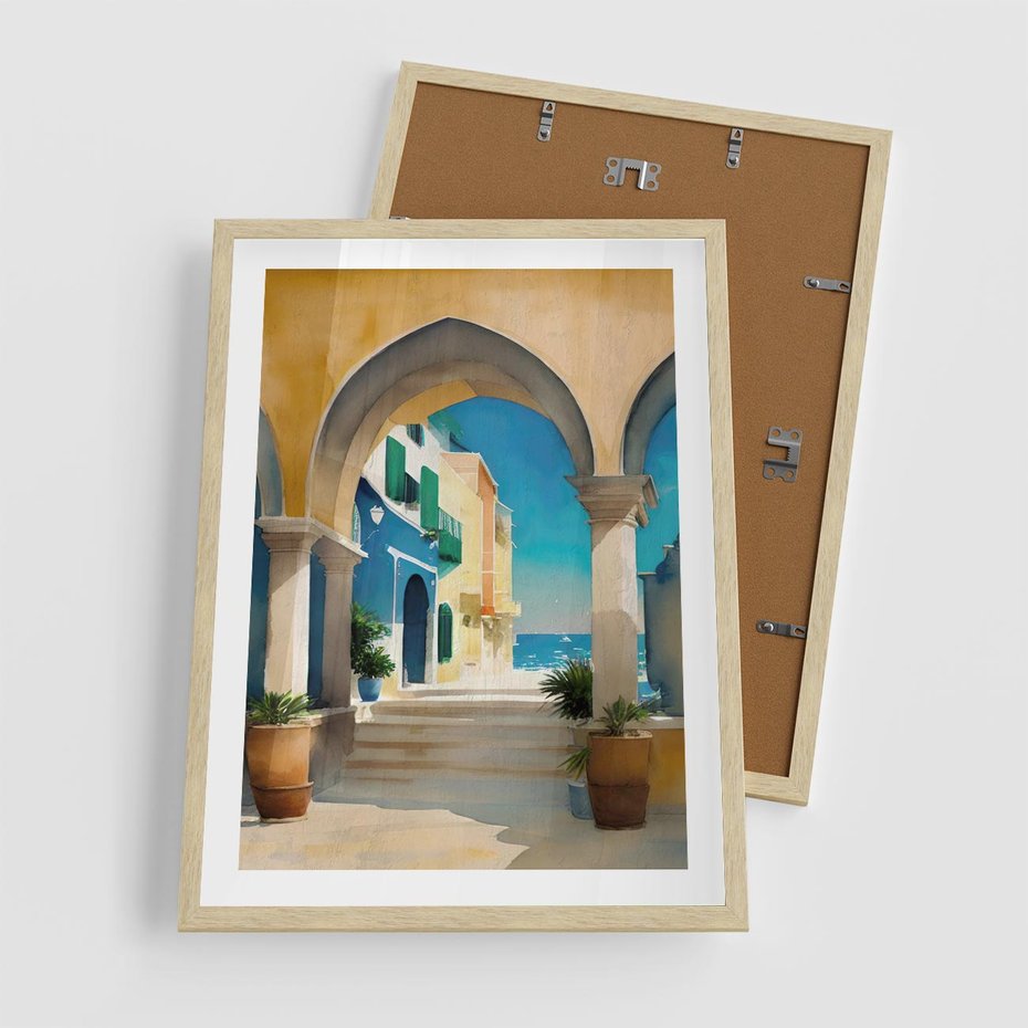 Plakat w ramie 50x70 - Nadmorskie Łuki - akwarela, śródziemnomorski klimat - rama drewno