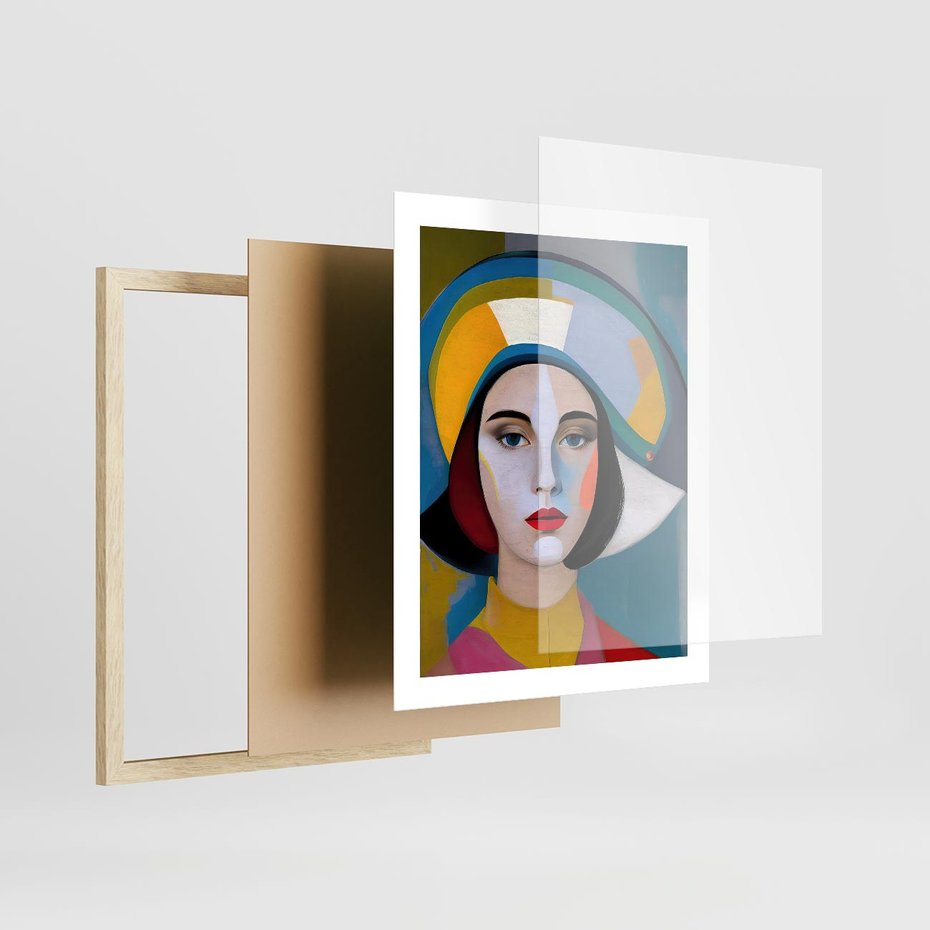 Plakat w ramie 40x50 - Kształtujące Widzenia - abstrakcyjny obraz olejny, portret twarzy kobiety - rama drewno