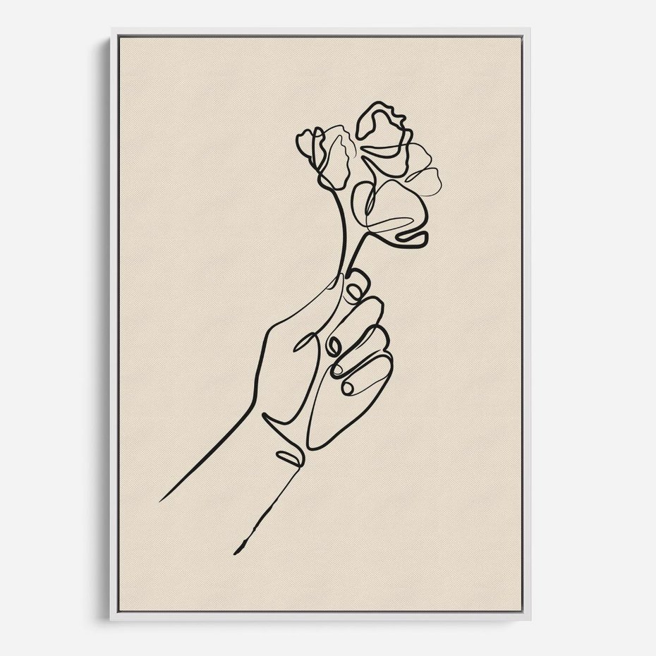 Obraz w ramie 50x70 - Szkic Kwiatu - kwiat w dłoni, szkic - rama biała