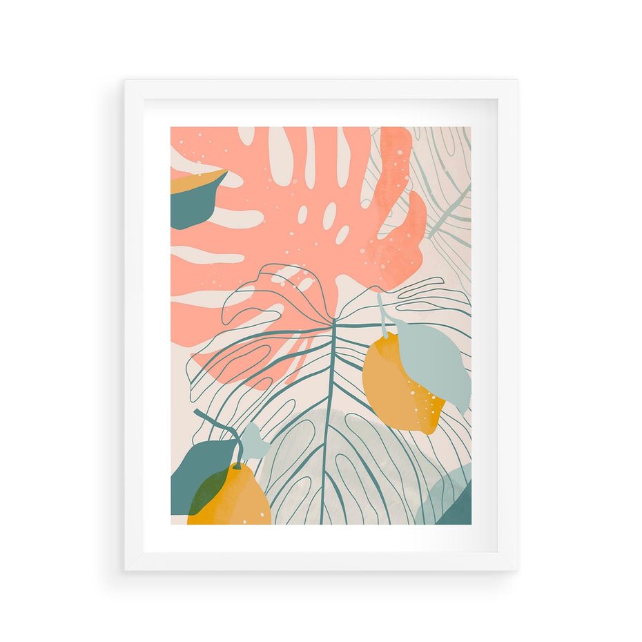 Plakat w ramie 40x50 - Sztuka Natury: Liście Monstery w Pastelach - nowoczesna grafika, pastelowe liście monstery - rama biała