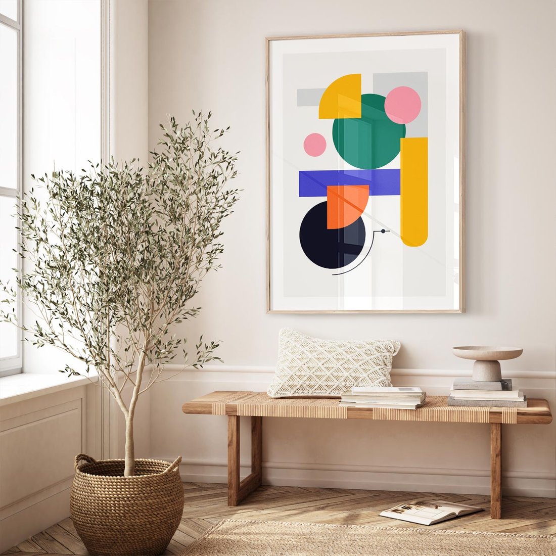 Plakat w ramie 30x40 - Przestrzenne Innowacje - nowoczesna sztuka, geometryczna kolorowa grafika - rama drewno