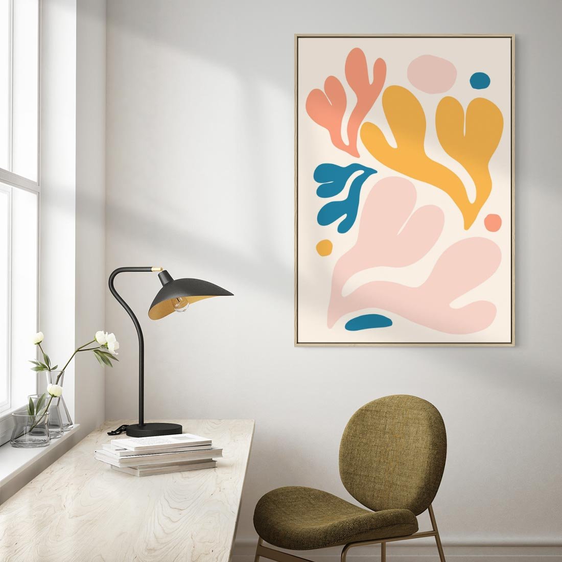 Obraz w ramie 80x120 - Granice Inspiracji - abstrakcyjne dziwne formy, nowoczesny plakat - rama drewno