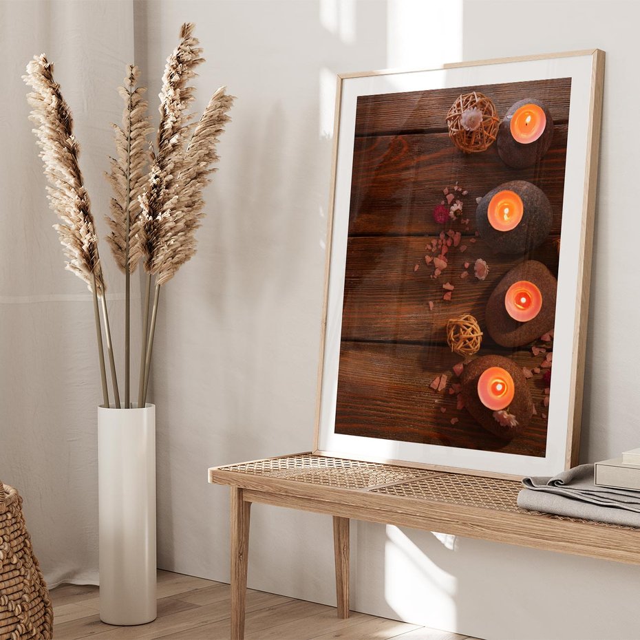 Plakat w ramie 30x40 - Relaksujące spa z pochodniami - spa, świece - rama drewno