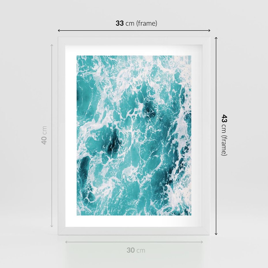Plakat w ramie 30x40 - Wzburzony Ocean: Widok Z Góry - wzburzony ocean, błękitna woda - rama biała