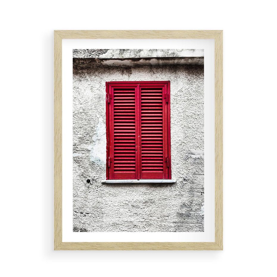 Plakat w ramie 50x70 - Okno z Czerwonymi Okiennicami - stare okno, kamienica - rama drewno