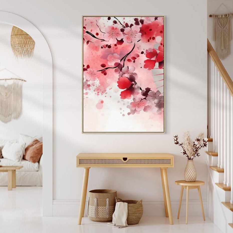 Obraz w ramie 50x70 - Szept Kwitnącej Wiśni - japoński parasol, liście - rama drewno