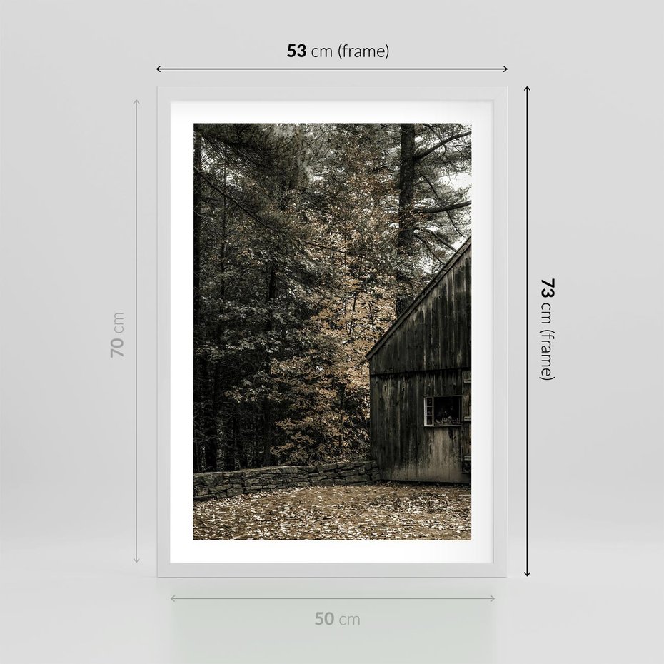 Plakat w ramie 50x70 - Dom w Lesie - chatka w lesie, górski domek - rama biała