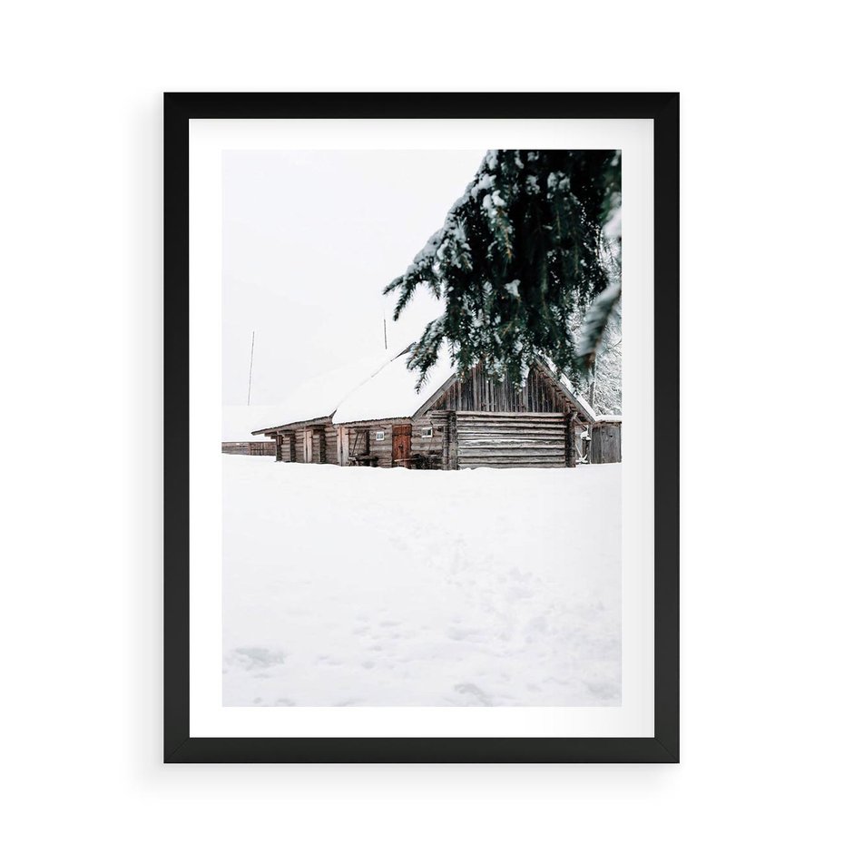 Plakat w ramie 50x70 - Zimowy Azyl - domek w górach, śnieg - rama czarna