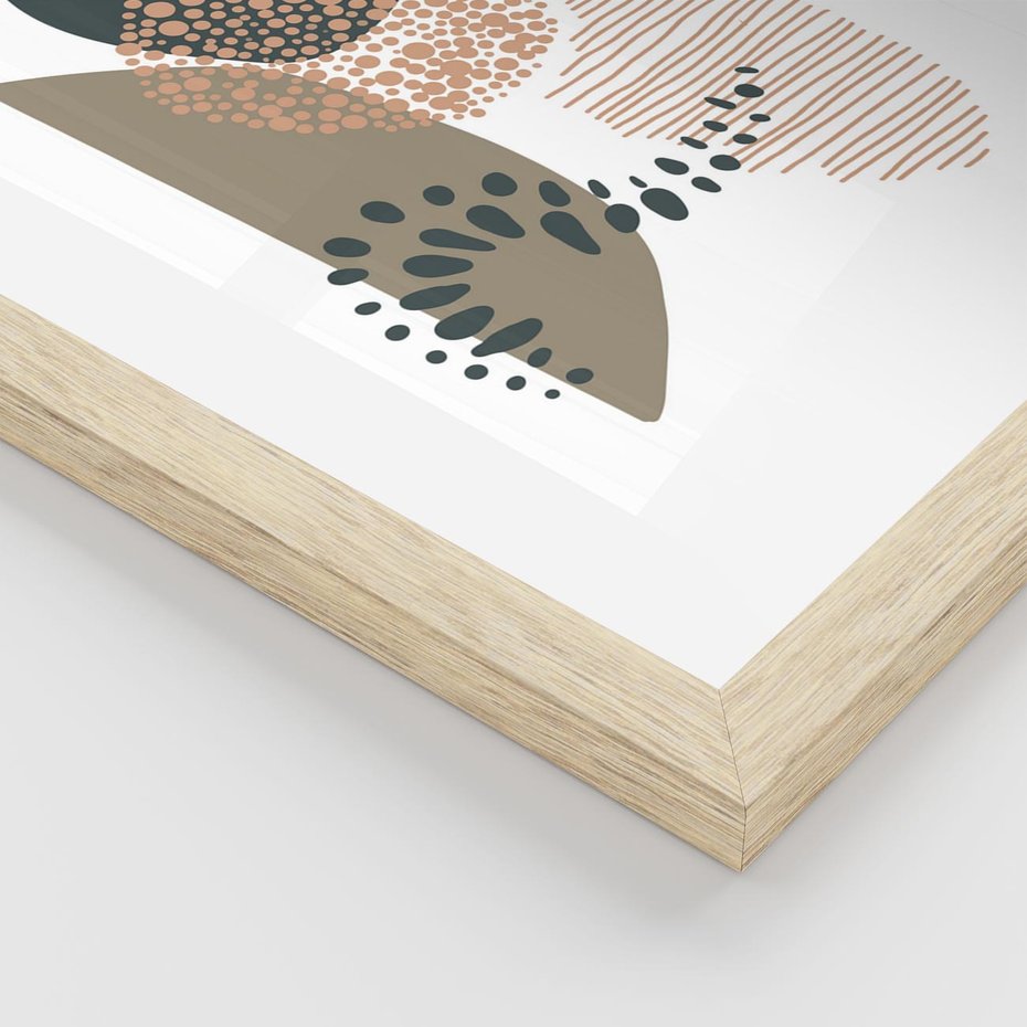 Plakat w ramie 30x40 - Harmonia Akwarelowych Przestrzeni - abstrakcyjna kompozycja z kropek kresek i kółek, odcienie brązu i beżu - rama drewno