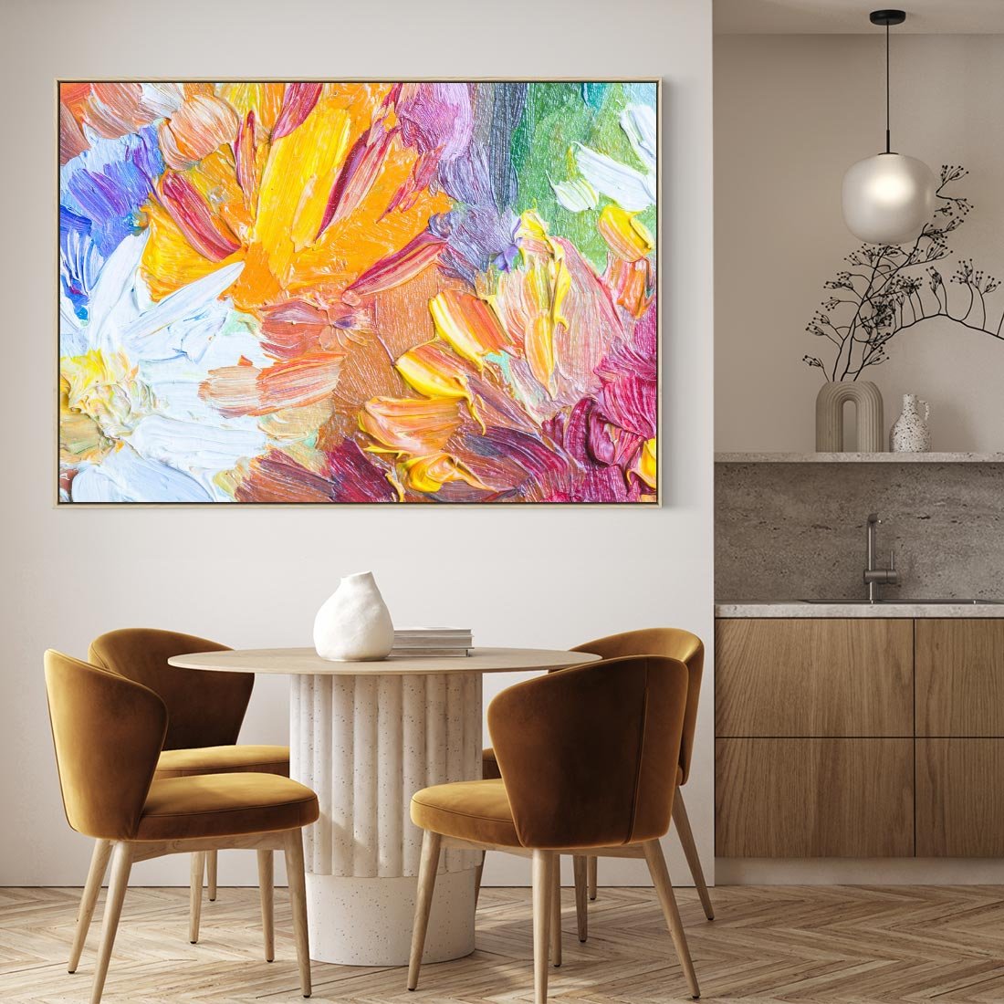 Obraz w ramie 120x80 - Kwiatowe Harmonie - zbliżenie na obraz olejny, gruba warstwa farby - rama drewno