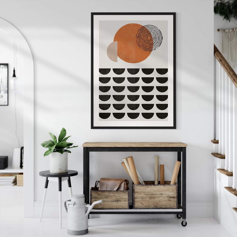 Plakat w ramie 40x50 - Geometryczna Ekspresja - geometryczny graficzny obraz, pomarańczowe koło - rama czarna