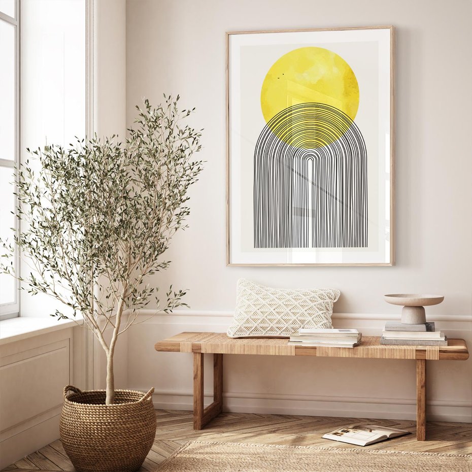 Plakat w ramie 30x40 - Słoneczne Odbicia - geometria, żółte koło - rama drewno