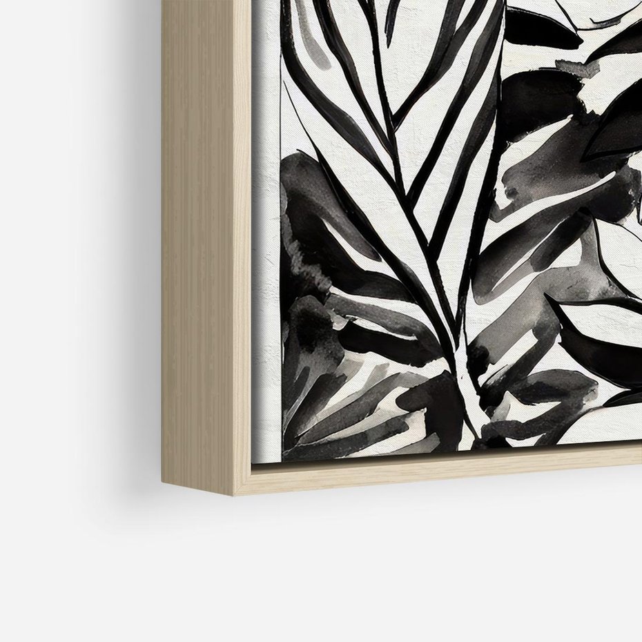 Obraz w ramie 50x50 - Czarne Liście - akwarelowy obraz, czarno biały - rama drewno