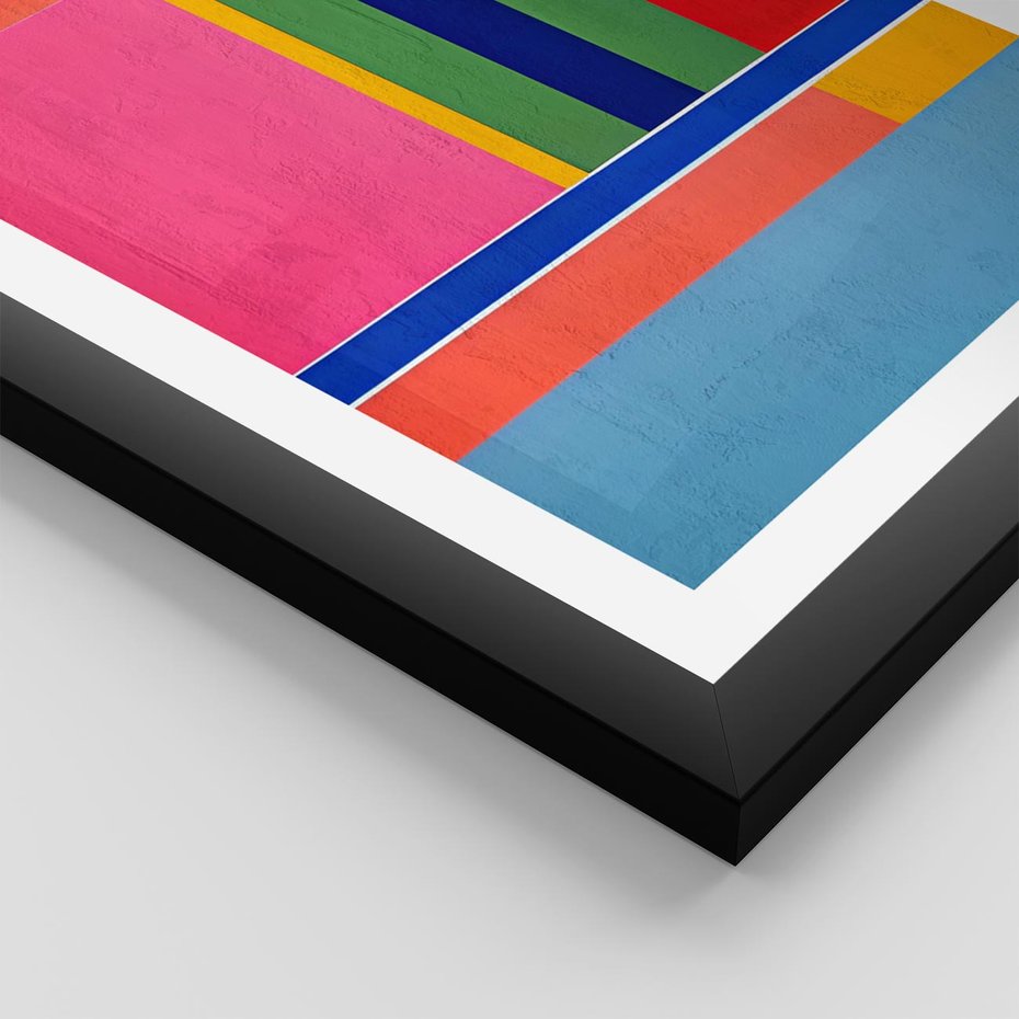 Plakat w ramie 40x50 - Wnętrza Rozplątanych Barw - abstrakcyjny geometryczny obraz olejny, kolorowe pasy - rama czarna