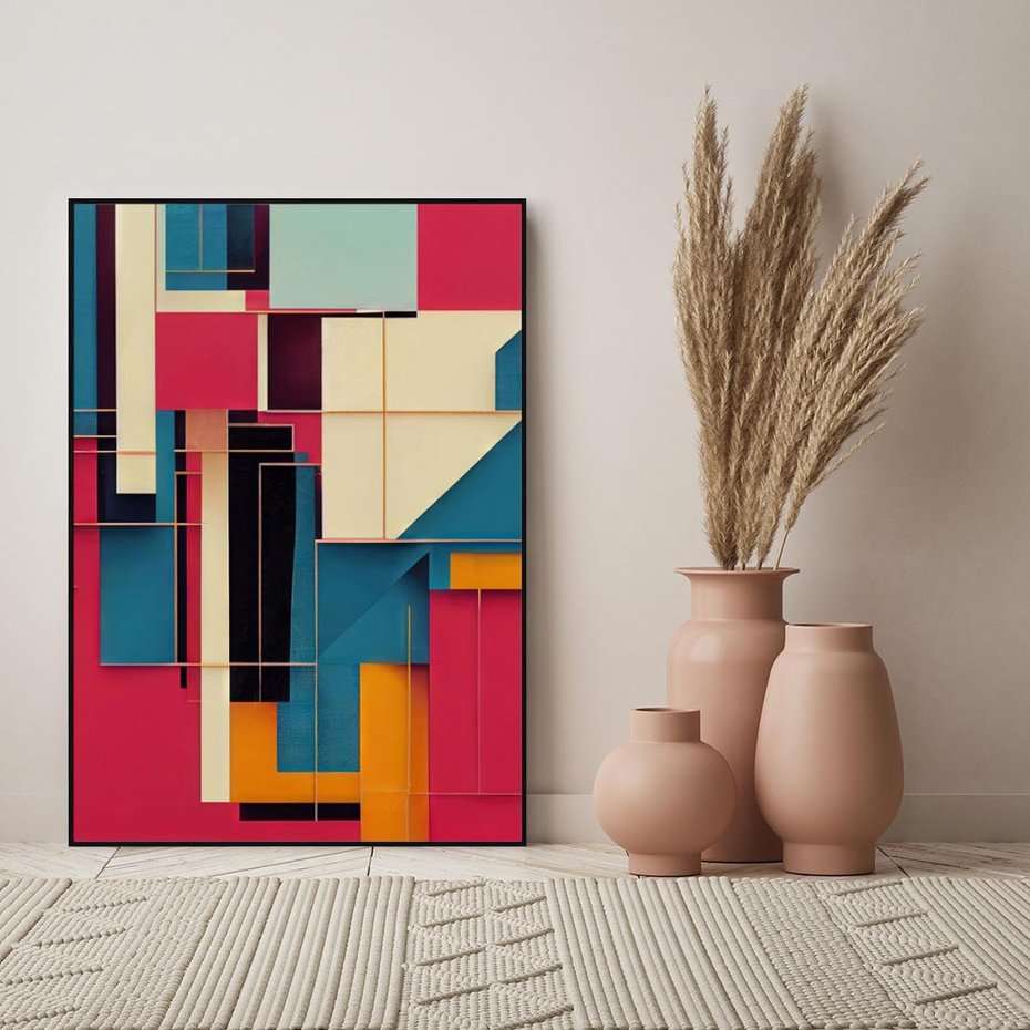 Obraz w ramie 70x100 - Przejście przez labirynt myśli - kolorowa abstrakcja, instalacja z prostokątów i lini - rama czarna