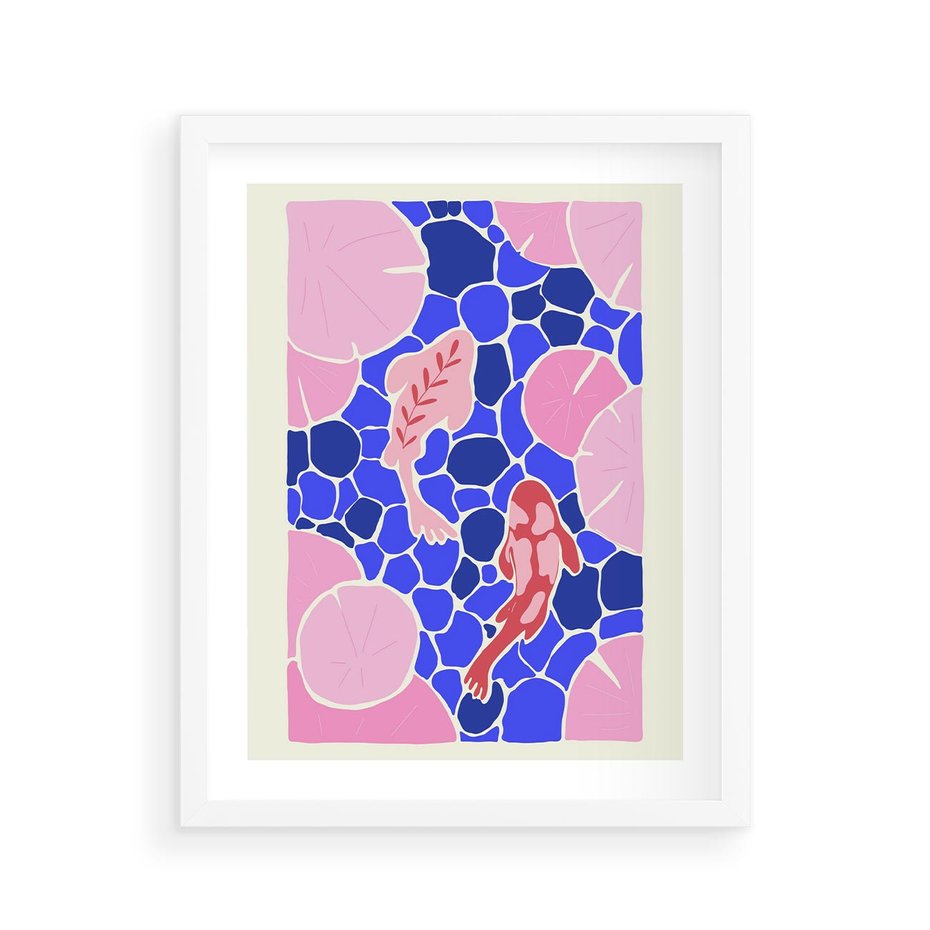 Plakat w ramie 40x50 - Rzeka Abstrakcji - abstrakcyjna kompozycja, różowe ryby wśród rafy - rama biała
