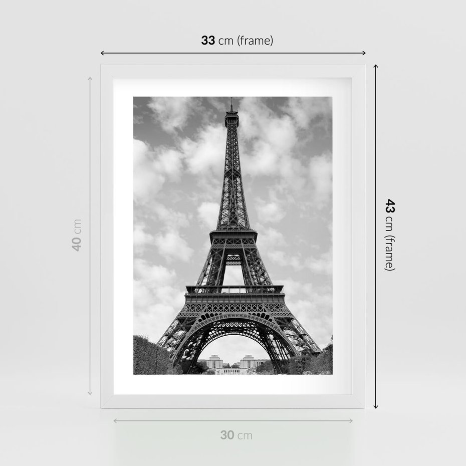 Plakat w ramie 30x40 - Nocna panorama Paryża z wieżą Eiffla - Eiffla, Paryż - rama biała