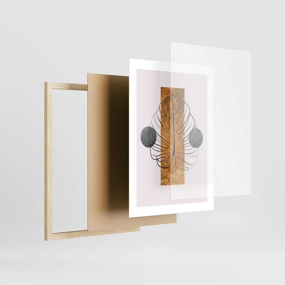 Plakat w ramie 30x40 - Minimalistyczna Monstera: Złoty Prostokąt - liść monstery, minimalizm - rama drewno