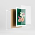 Plakat w ramie 30x40 - Rozbijające Echa - abstrakcyjne kwiaty, zielone tło - rama biała