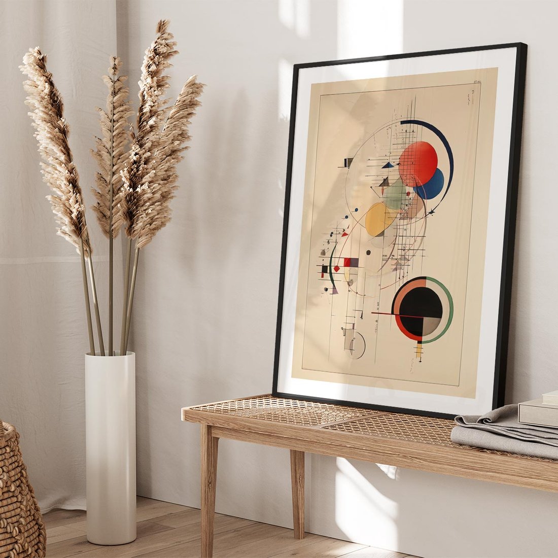 Plakat w ramie 50x70 - Impulsy Wydobyte z Cienia - abstrakcyjna geometryczna kompozycja, koła linie - rama czarna