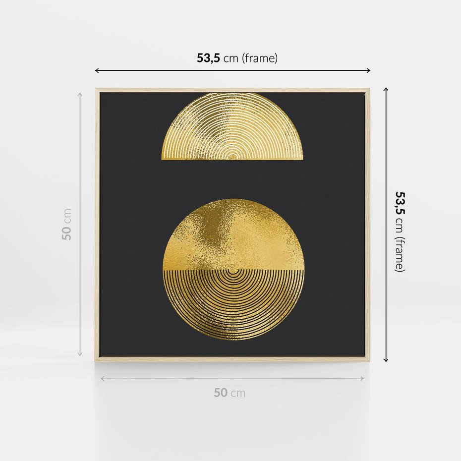Obraz w ramie 50x50 - Migotliwe Przeniknięcia - złote koła, czarne tło - rama drewno
