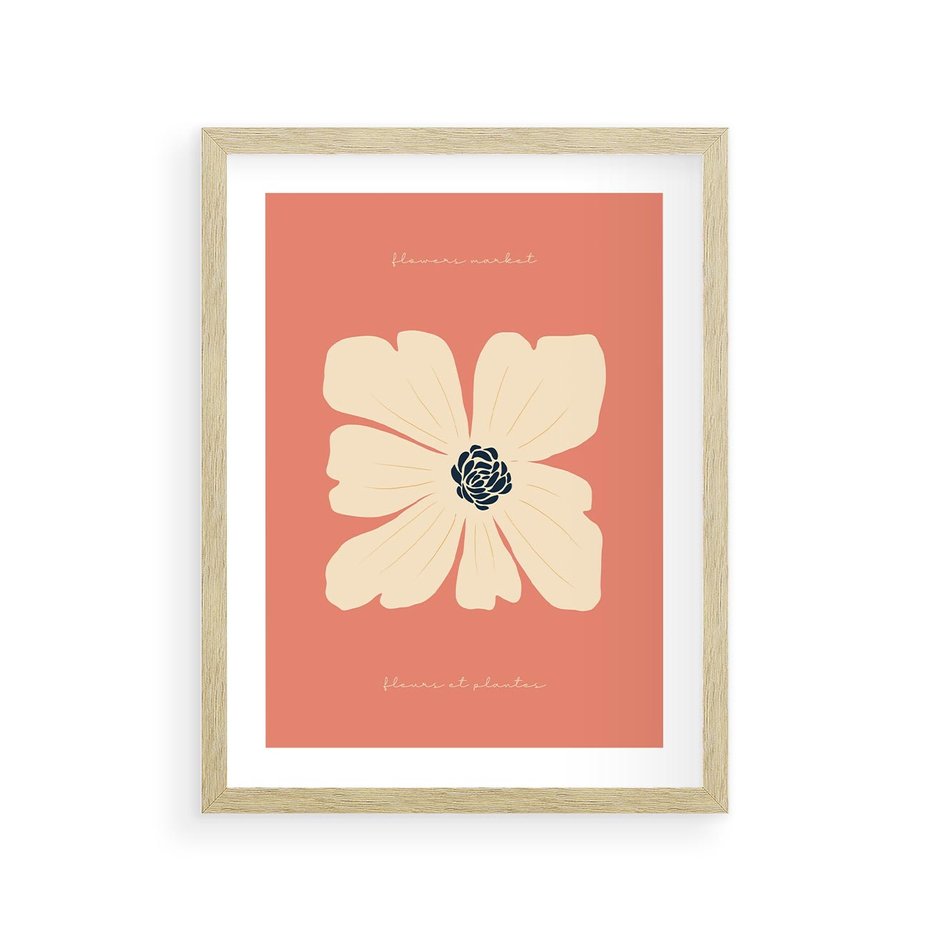 Plakat w ramie 30x40 - Malowane Kolorowe Echa - minimalistyczna grafika, biały kwiat na różowym tle - rama drewno