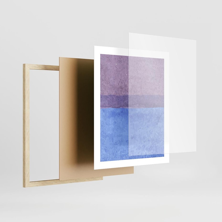 Plakat w ramie 40x50 - Taniec Światła - kolorowe akwarelowe pasy, odcienie fiolet - rama drewno