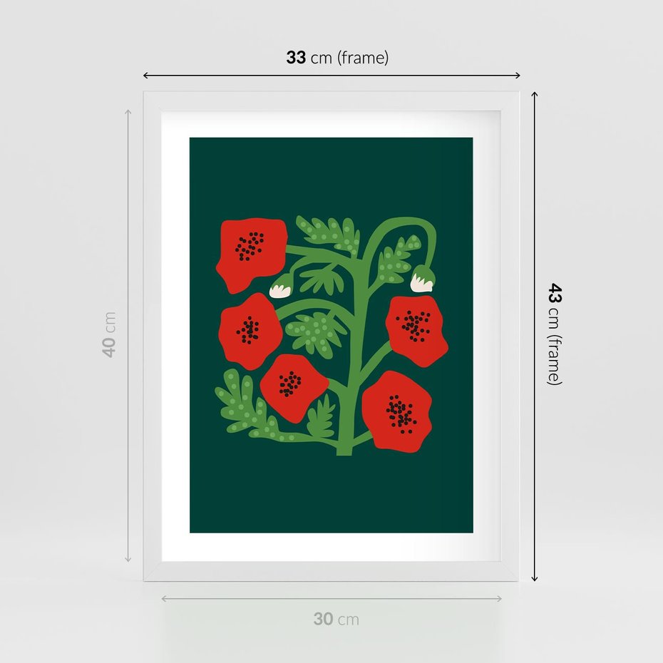 Plakat w ramie 30x40 - Księga Odbić - abstrakcyjna kwiatowa kompozycja, zielone mocne tło - rama biała