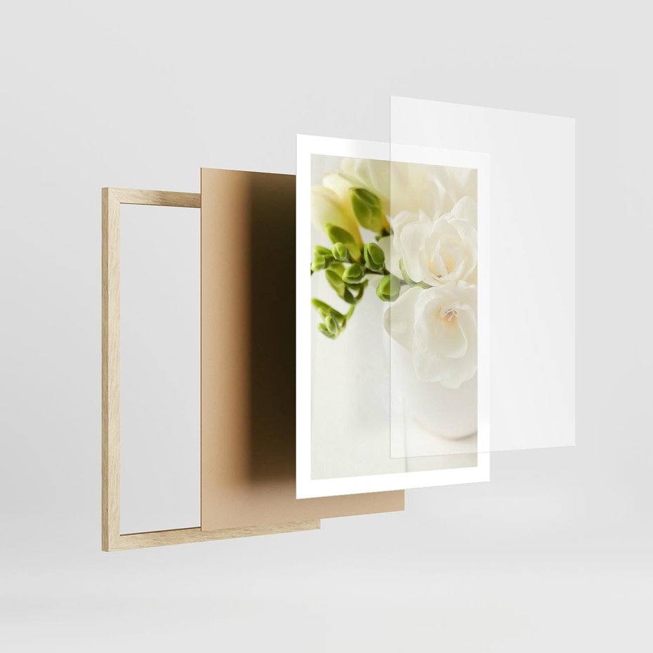 Plakat w ramie 50x70 - Subtelność białych frezji - frezja, białe - rama drewno