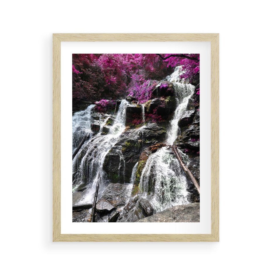 Plakat w ramie 40x50 - Wodospad wśród majestatycznych gór - wodospad, góry - rama drewno