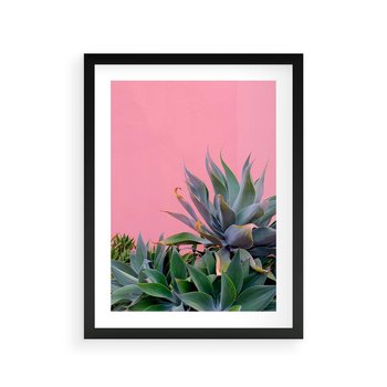 Plakat w ramie 30x40 - Tropikalne Liście na Różowej Ścianie - różowa ściana, tropikalne liście na jej tle - rama czarna