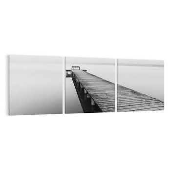 Obraz na płótnie 150x50 - Mglista Perspektywa - czarno biała fotografia, drewniany pomost na jeziorze
