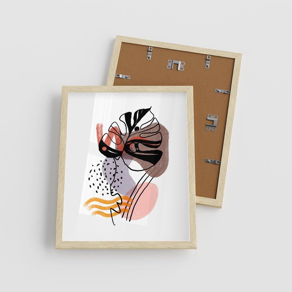 Plakat w ramie 40x50 - Wibracje Abstrakcyjnych Form - abstrakcyjna sztuka, liść monstery - rama drewno